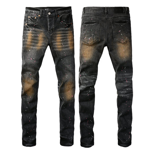 PURPLE Men’s Black Skinny Jeans with Rust-Toned Wash and Multicolor Paint Splatter Artistic Distressed Street 9109