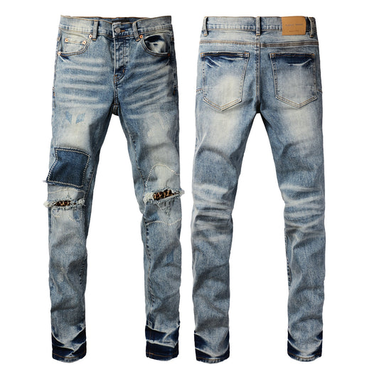 PURPLE Men Streetwear Jeans Distressed Light Blue Patch Leopard Ripped skinny 9095