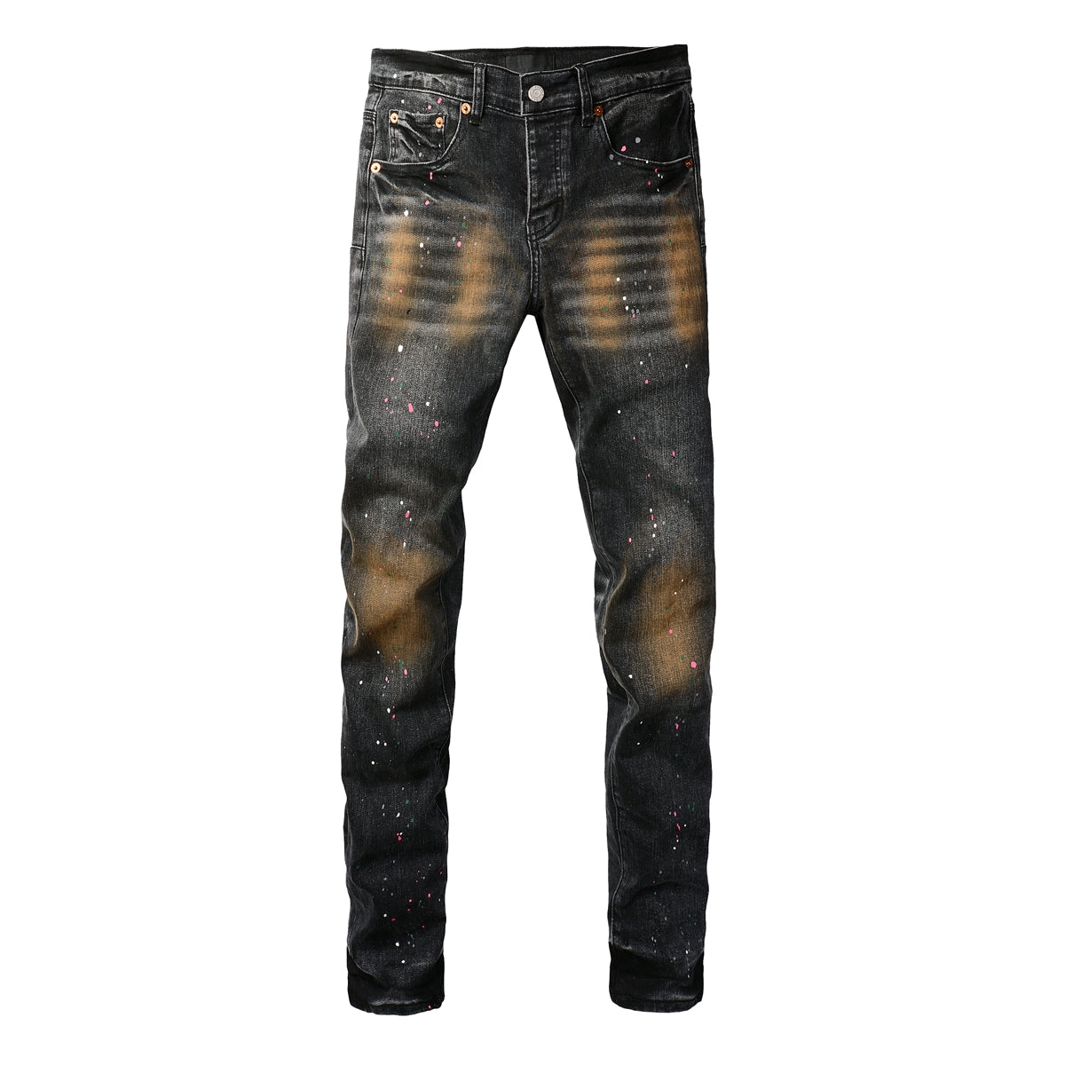 PURPLE Men’s Black Skinny Jeans with Rust-Toned Wash and Multicolor Paint Splatter Artistic Distressed Street 9109