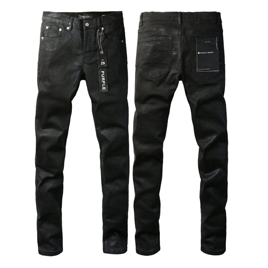 PURPLE Men Streetwear Skinny Jeans Black Wash with Subtle Sheen and Tag Accent 9082