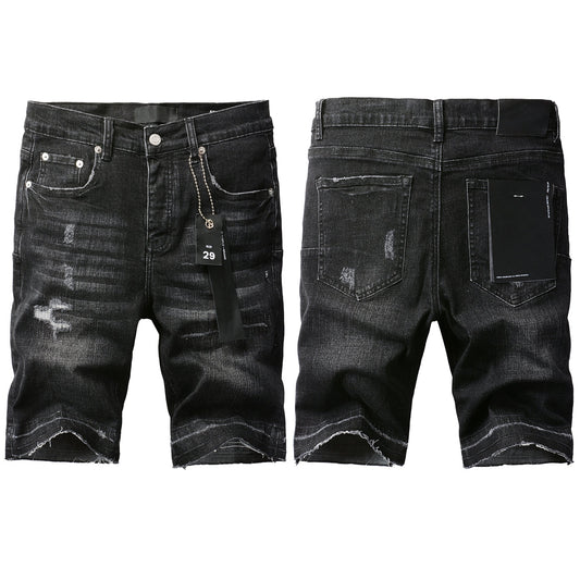 PURPLE Men Streetwear Denim Shorts Black Wash with Distressed Rips and Raw Hem 5083