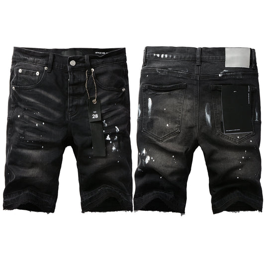 PURPLE Men Streetwear Denim Shorts Black Wash with White Paint Splashes and Raw Hem 5002