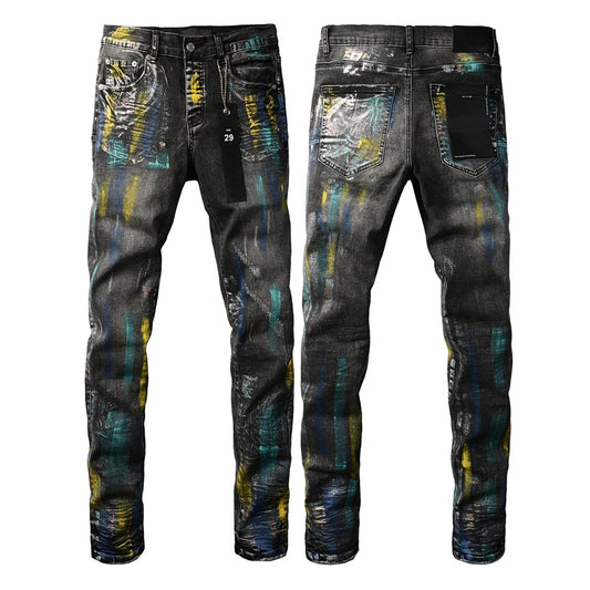 PURPLE Men Streetwear Skinny Jeans Black Wash with Colorful Graffiti Paint Splash 9078