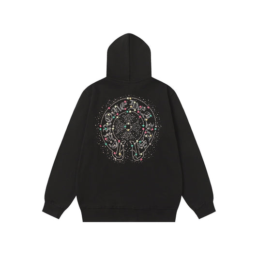 Chrome-Hearts Colorful Rhinestone Hoodie - Black Gothic Street Sweatshirt 2608