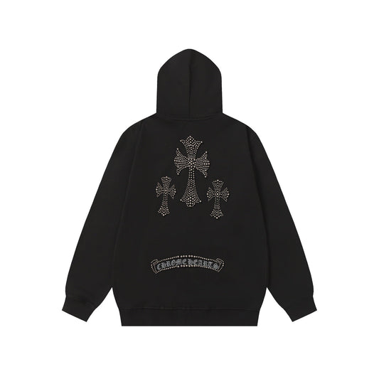 Chrome-Hearts Rhinestone Cross Hoodie - Black Gothic Streetwear Sweatshirt 2633