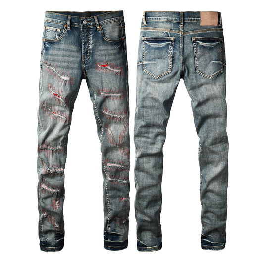 PURPLE Men Streetwear Skinny Jeans Light Blue Wash with Red - Patched Distressed Details 9114