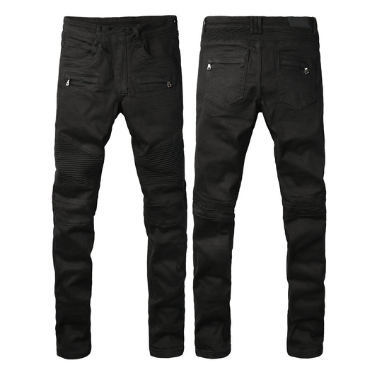 PURPLE Men Streetwear Biker Skinny Jeans Black with Knee Pleats and Zipper Pockets 0964