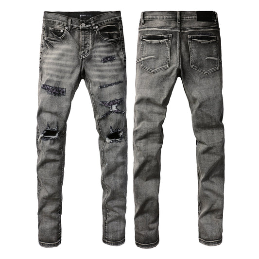 PURPLE Men Classic Streetwear Jeans Distressed Black Grey Ripped skinny 9068