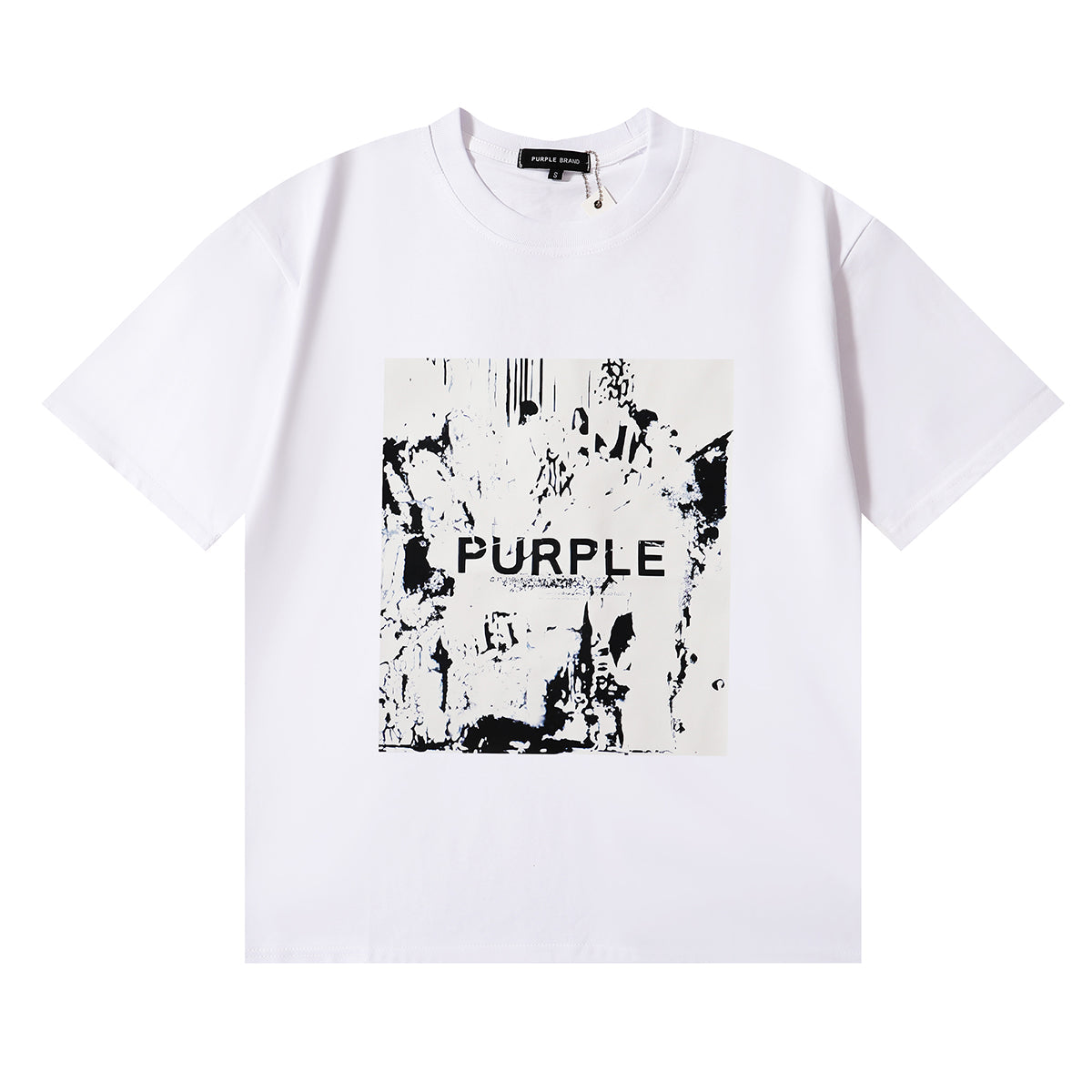 PURPLE Men Streetwear Short Sleeve Tee Black & White with Purple Brand Abstract Figure Print