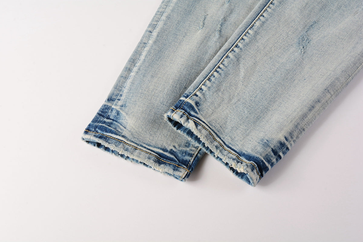 PURPLE Men Streetwear Skinny Jeans Light Blue Wash with Heavy Distressed Rips 9050