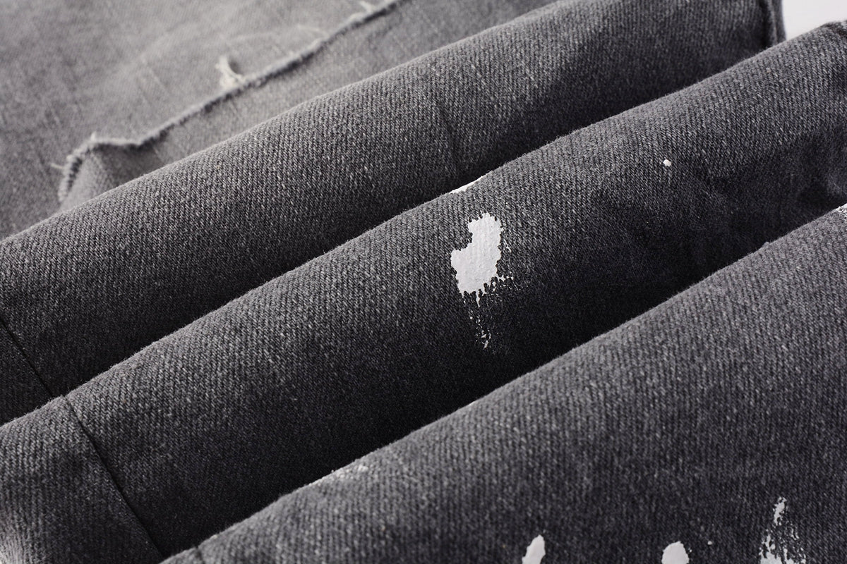 PURPLE Men Streetwear Skinny Jeans Dark Gray Wash with Knee Rips and White Paint Splatter 9039