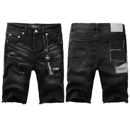 PURPLE Men Streetwear Denim Shorts Black Wash with Distressed Rips and Plaid Patches 5001