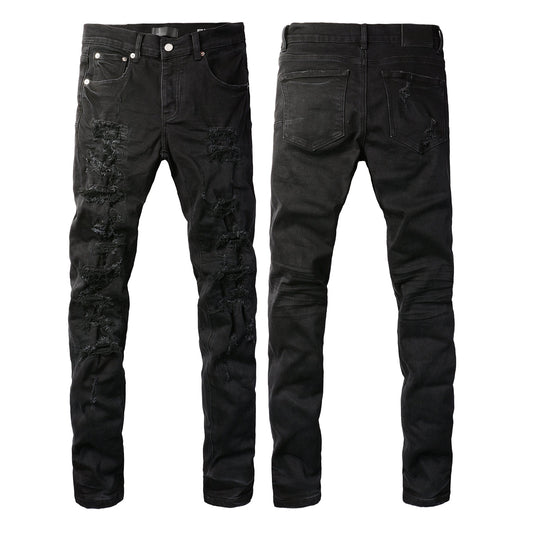 PURPLE Men Distressed Black Skinny Jeans with Heavy Ripped Design and Grunge Streetwear Vibe 9108