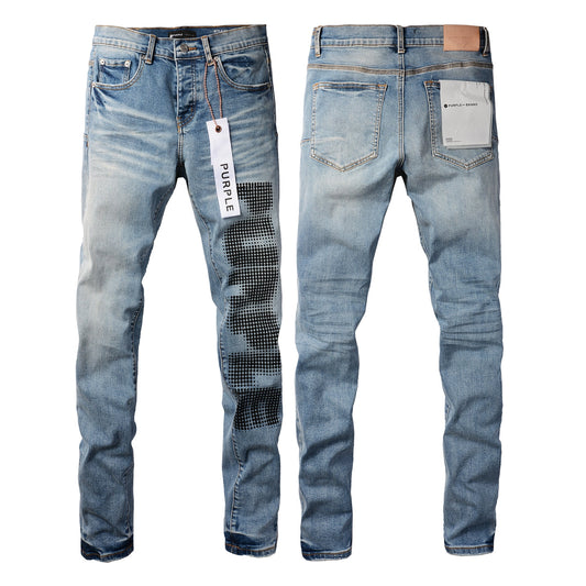 PURPLE Men Streetwear Skinny Jeans Light Blue Wash with Black Pixelated Pattern Print 9052