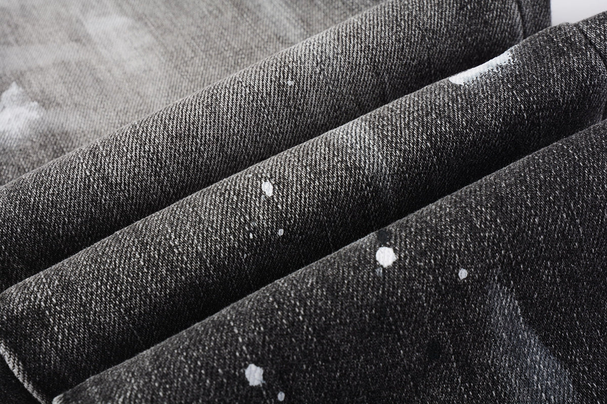 PURPLE Men Streetwear Skinny Jeans Dark Gray Wash with White Paint Splatter and Distressed Rips 9032