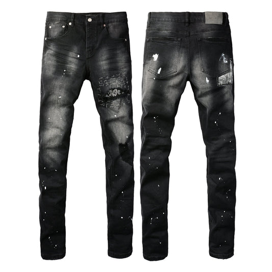 PURPLE Men Streetwear Jeans Distressed Black Paint Splash Patch Ripped skinny 9099