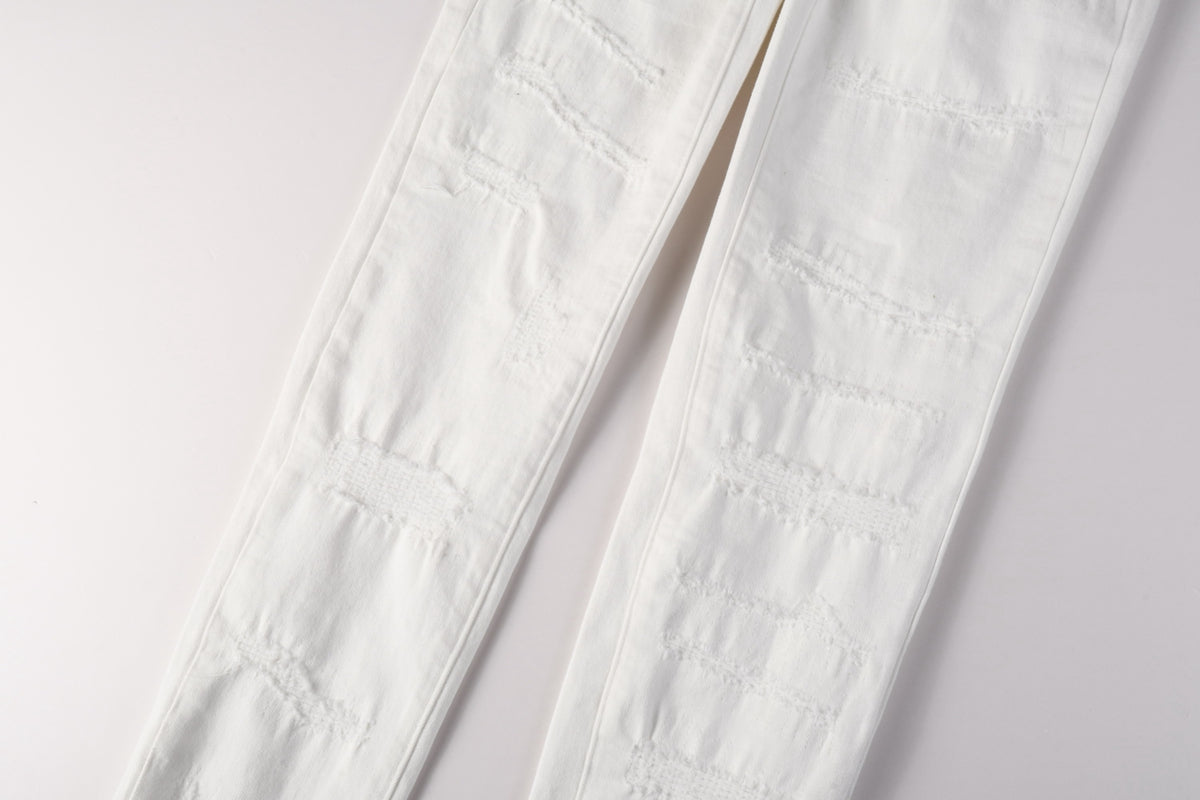 PURPLE Men Classic Streetwear Skinny Jeans Solid White with Subtle Distressed Details PU9118