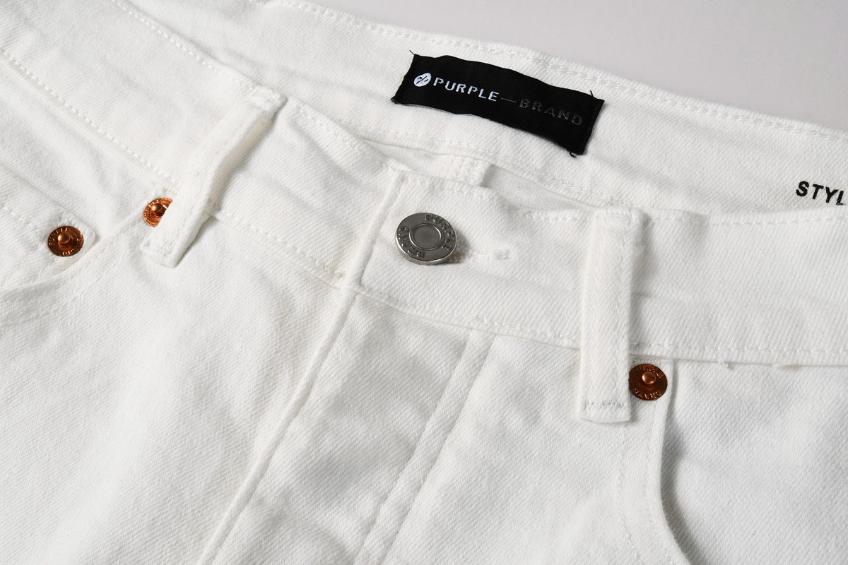 PURPLE Men Designer Streetwear Skinny Jeans Solid White with 3D Embossed Monogram Pattern 9113