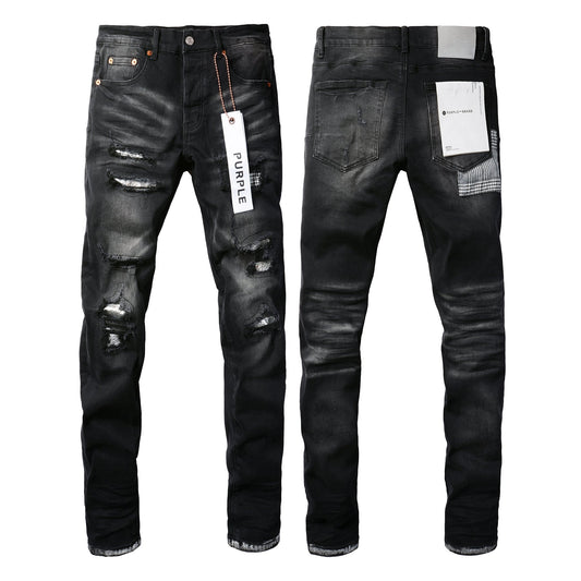 PURPLE Men Streetwear Skinny Jeans Black Wash with Distressed Rips, Checkered Patches and White Paint Splatter 9001