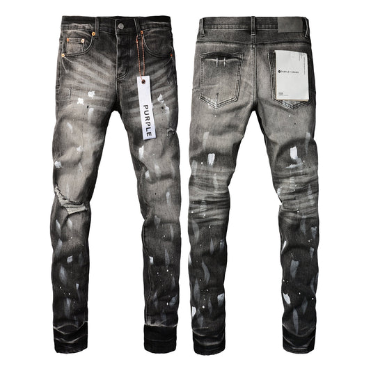 PURPLE Men Streetwear Skinny Jeans Dark Gray Wash with White Paint Splatter and Distressed Rips 9032