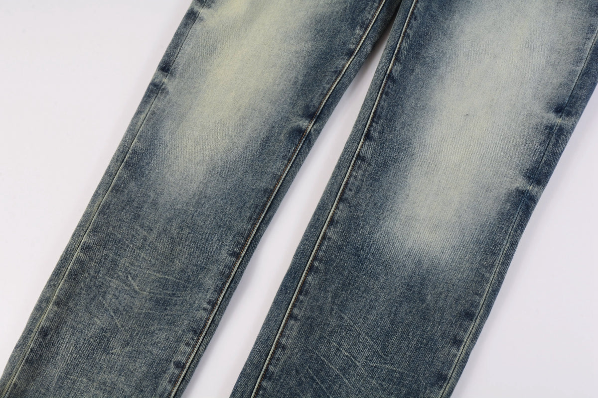 PURPLE Men Streetwear Skinny Jeans Light Blue Wash with Faded Gradient Distress 9042