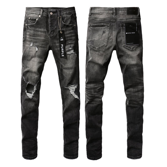 PURPLE Men Streetwear Skinny Jeans Dark Gray Wash with Heavy Distressed Ripped Details 9079