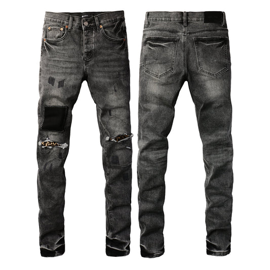 PURPLE Men Classic Streetwear Jeans Distressed Grey Ripped skinny Fit 9103