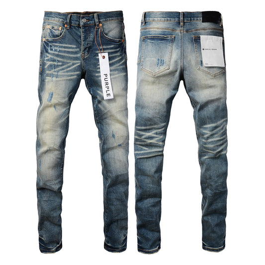 PURPLE Men Streetwear Skinny Jeans Light Blue Wash with Vintage Faded Wash and Subtle Distress 9055