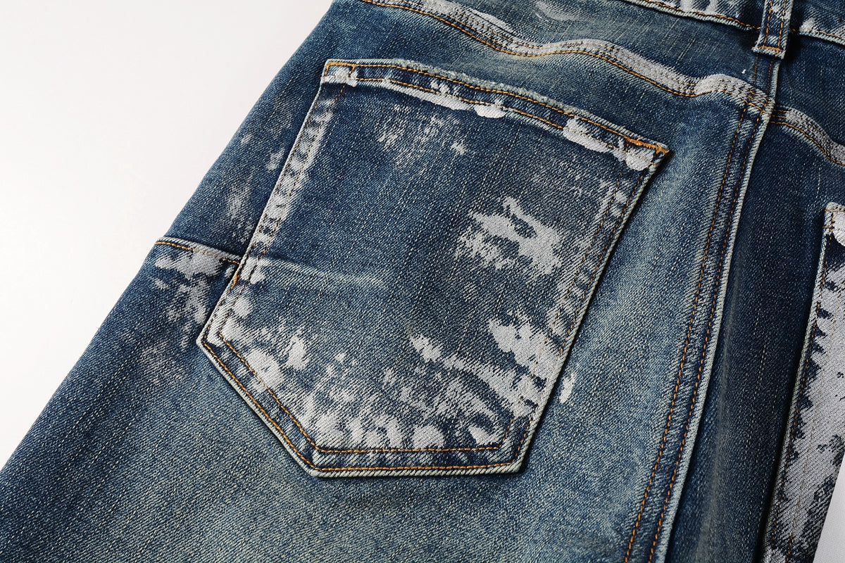 PURPLE Men Streetwear Skinny Jeans Dark Blue Wash with White Brushstroke Distress 9040