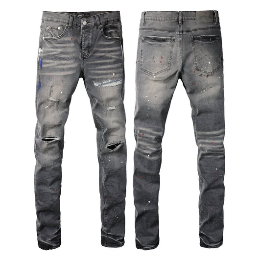 PURPLE Men Streetwear Distressed Grey Skinny Jeanswith Color Paint Splatter and Knee Rips 9107