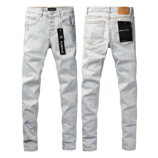 PURPLE Men Streetwear Skinny Jeans Light Gray Wash with Minimalist Style and Tag Accent 9081