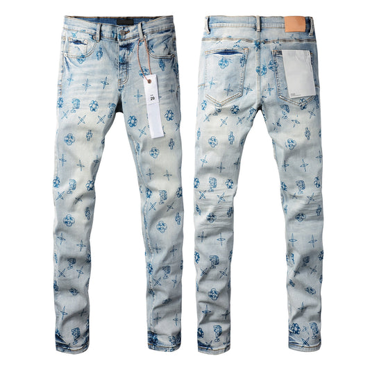 PURPLE Men Streetwear Skinny Jeans Light Blue Wash with White Paint Brush Strokes 9063