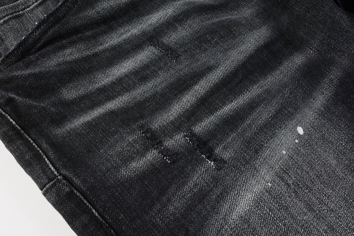 PURPLE Men Streetwear Skinny Jeans Black - Gray Fade Wash with White Paint Specks 9027