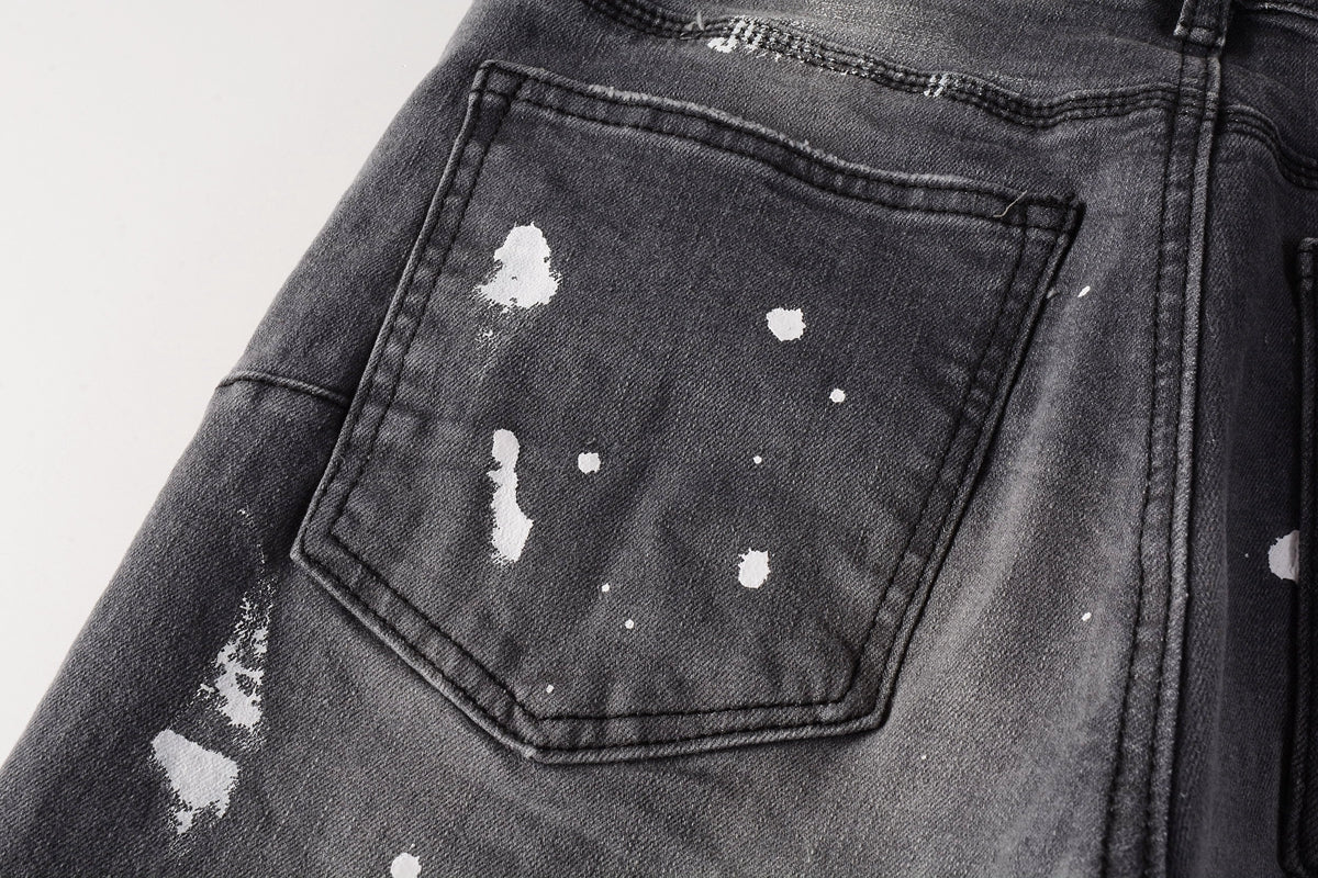 PURPLE Men Streetwear Skinny Jeans Dark Gray Wash with Knee Rips and White Paint Splatter 9039