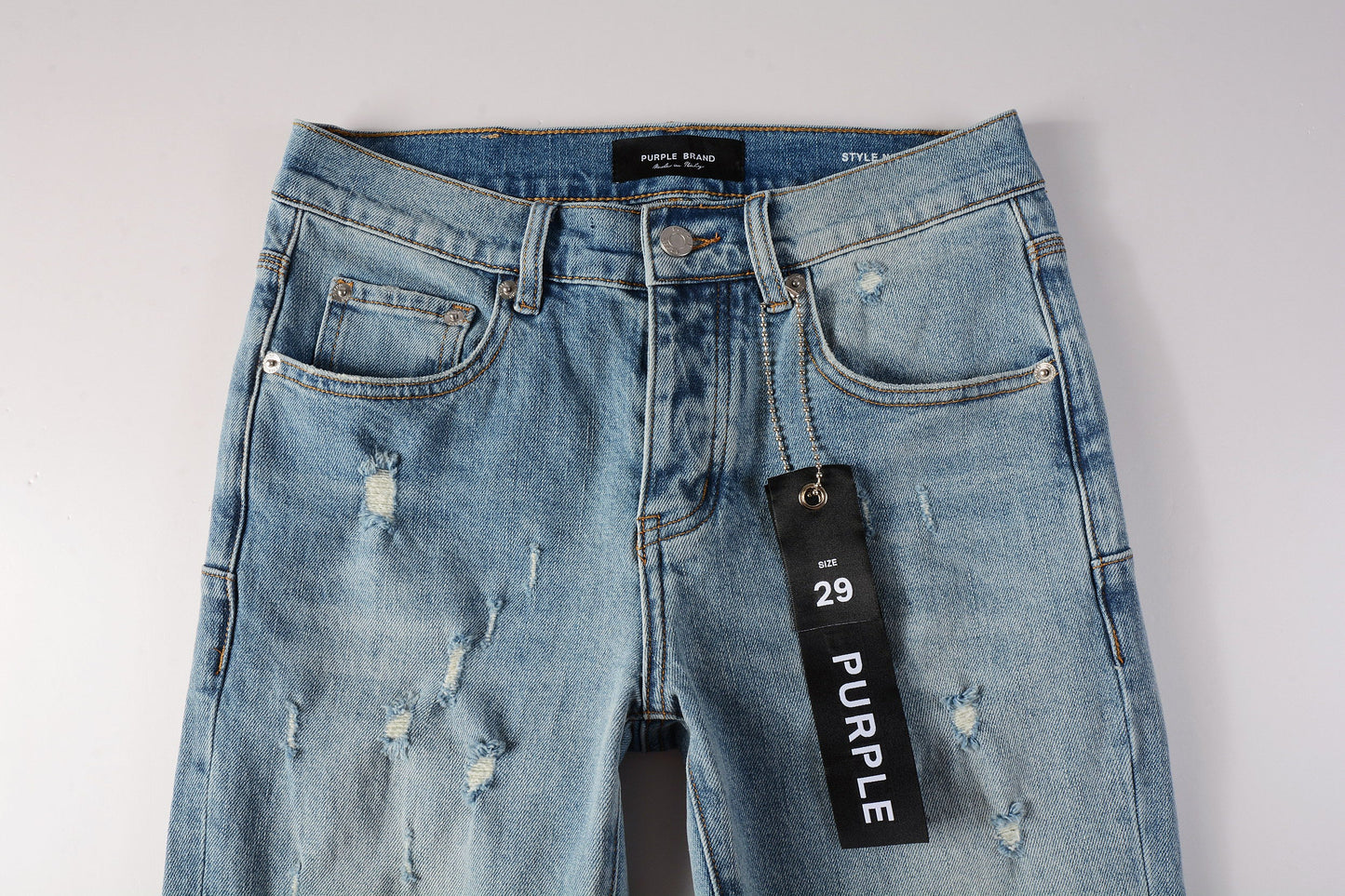 PURPLE Men Streetwear Skinny Jeans Light Blue Wash with Subtle Distressed Ripped Details 9075