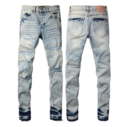 PURPLE Men Streetwear Jeans Distressed Light Blue Abstract Ripped skinny 9093