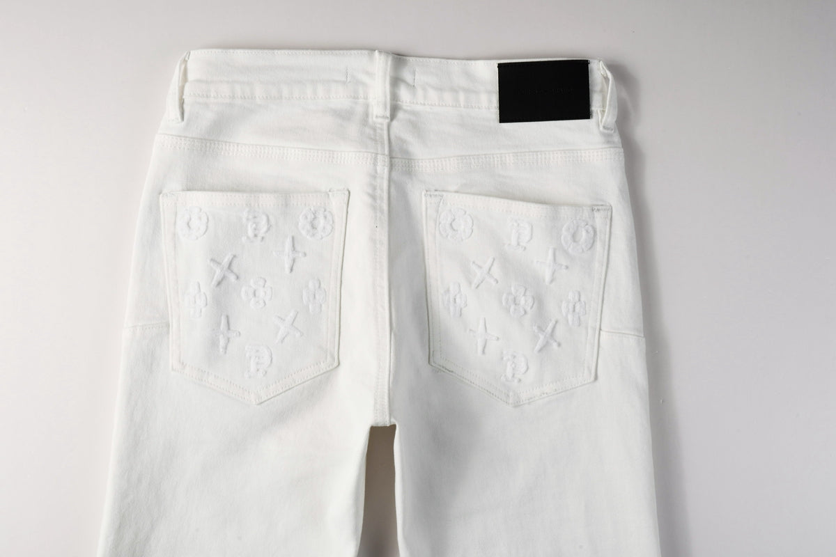 PURPLE Men Designer Streetwear Skinny Jeans Solid White with 3D Embossed Monogram Pattern 9113