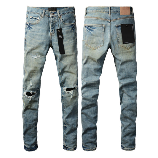PURPLE Men Streetwear Skinny Jeans Light Blue Wash with Distressed Ripped Knee Details 9076