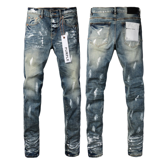 PURPLE Men Streetwear Skinny Jeans Light Blue Wash with White Paint Brush Strokes 9060