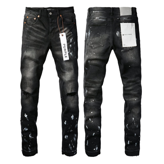 PURPLE Men Streetwear Skinny Jeans Black Fade Wash with White Paint Splatter and Distressed Rips 9002