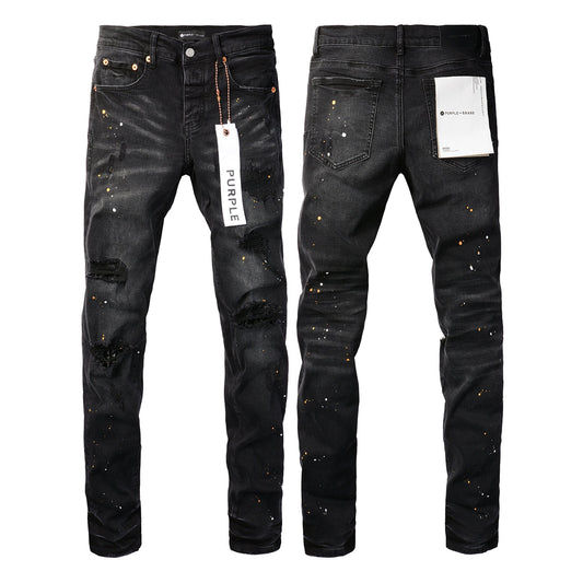 PURPLE Mens Jeans - Distressed Black Denim with Knee Slit and Ripped Hole 9045