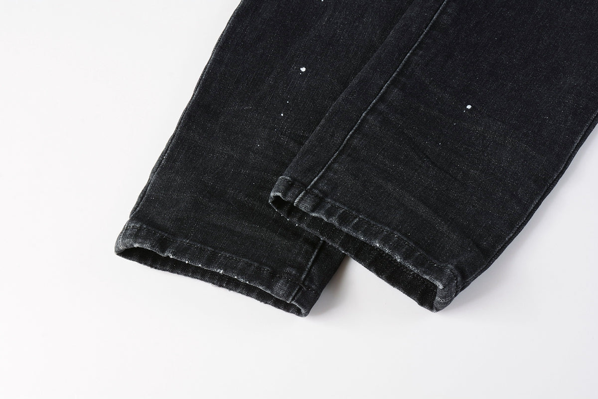 PURPLE Men Streetwear Skinny Jeans Black - Gray Fade Wash with White Paint Specks 9027