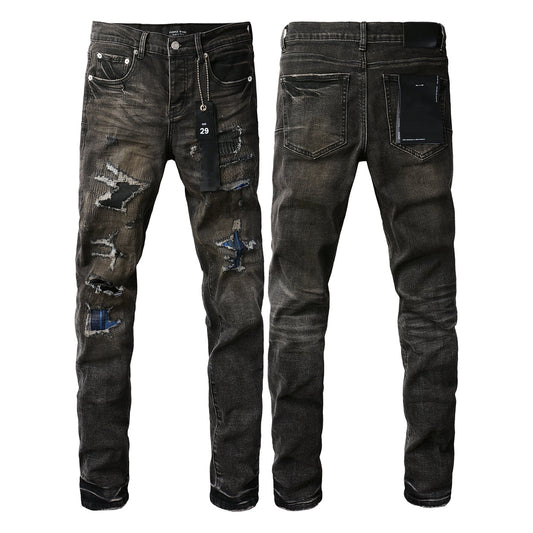 PURPLE Men Streetwear Skinny Jeans Dark Gray Wash with Multi - Color Patched Distressed Details 9080
