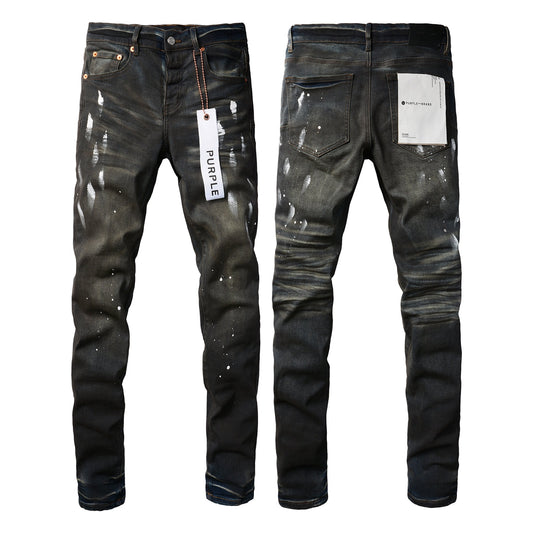 PURPLE Men Streetwear Skinny Jeans Dark Gray Wash with White Paint Splatter and Brush Strokes 9036
