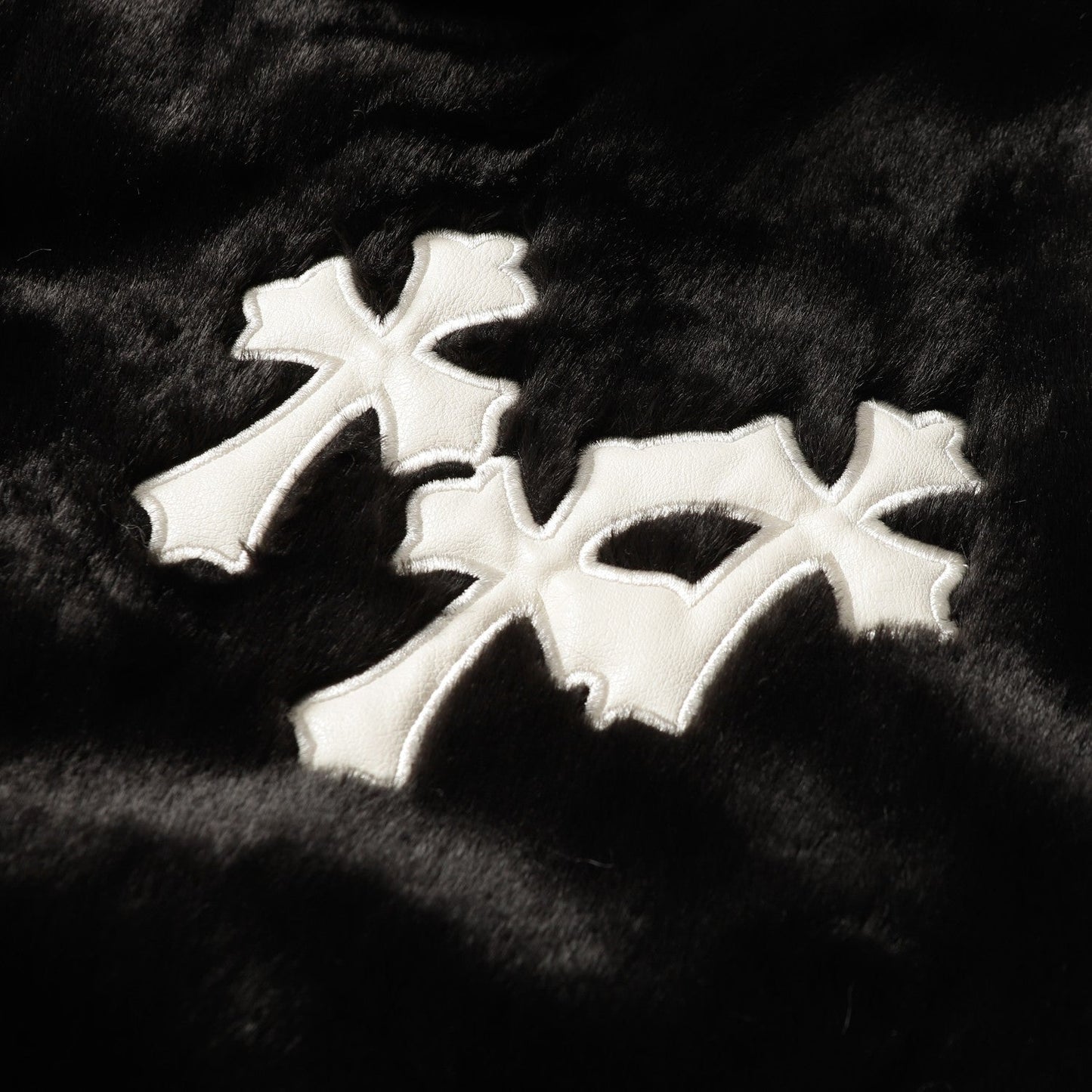 Chrome-Hearts Faux Fur Cross Varsity Jacket - Black White Gothic Streetwear 035