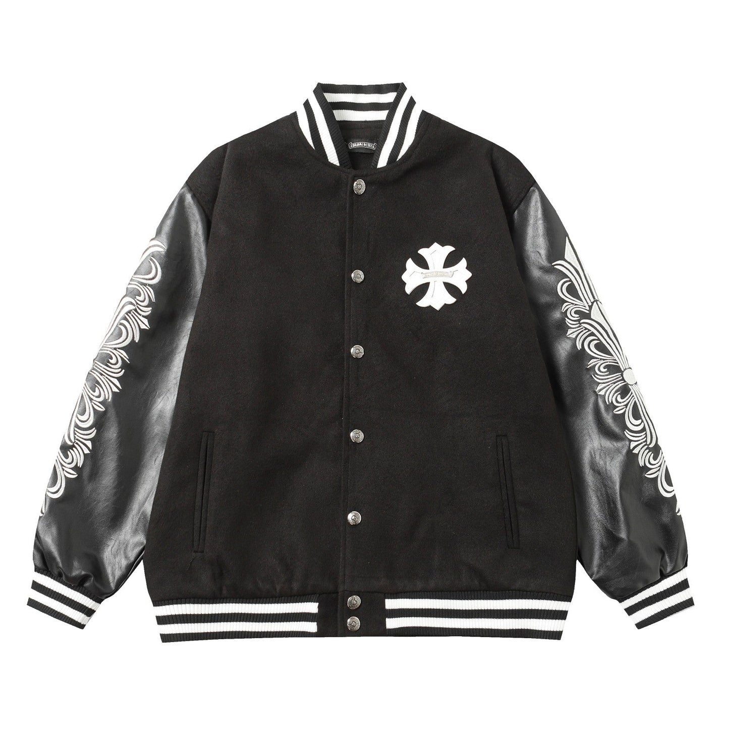 Chrome-Hearts Cross Embroidered Leather Sleeve Varsity Jacket - Black Street Style 116