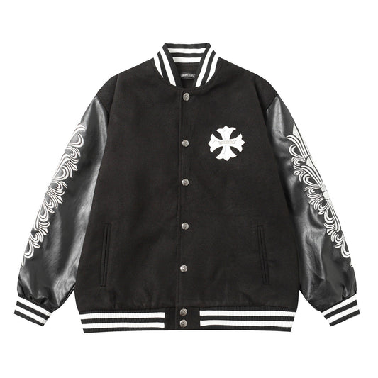 Chrome-Hearts Cross Embroidered Leather Sleeve Varsity Jacket - Black Street Style 116
