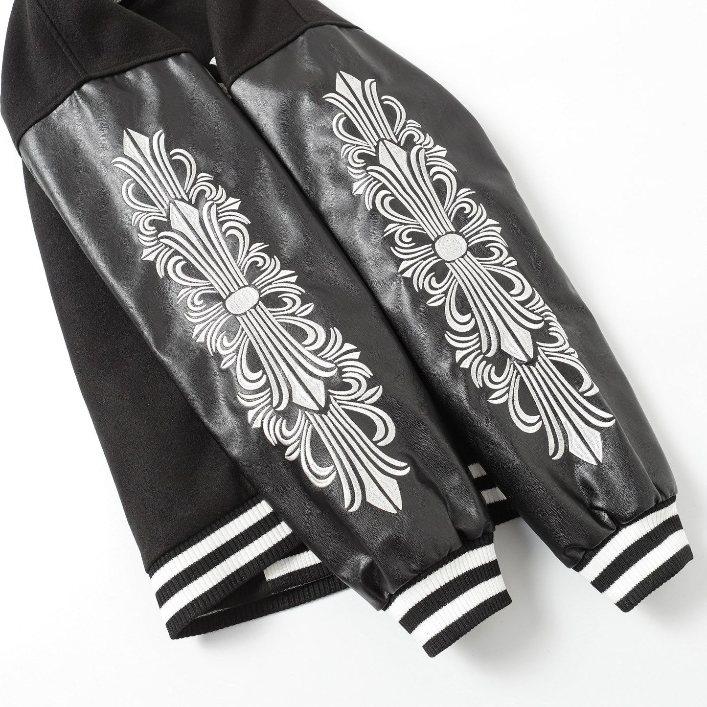 Chrome-Hearts Cross Embroidered Leather Sleeve Varsity Jacket - Black Street Style 116
