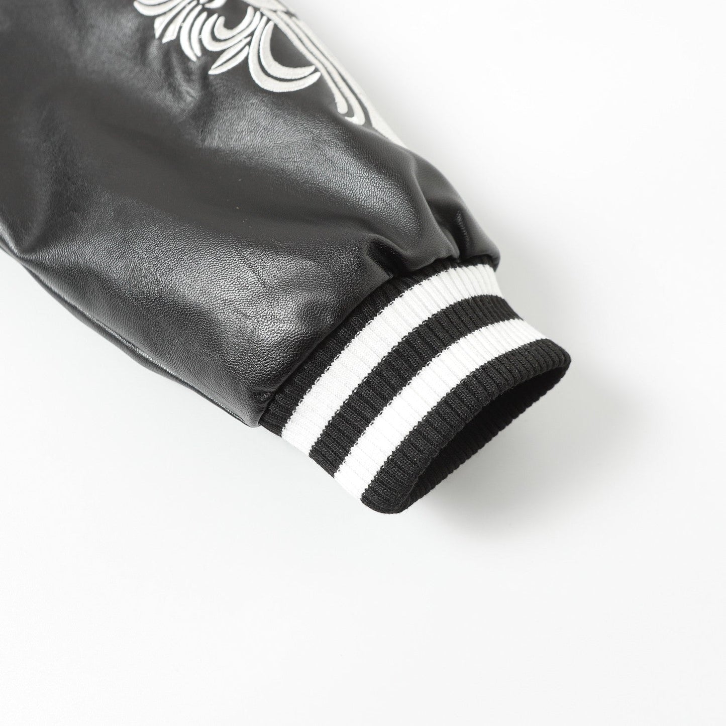 Chrome-Hearts Cross Embroidered Leather Sleeve Varsity Jacket - Black Street Style 116