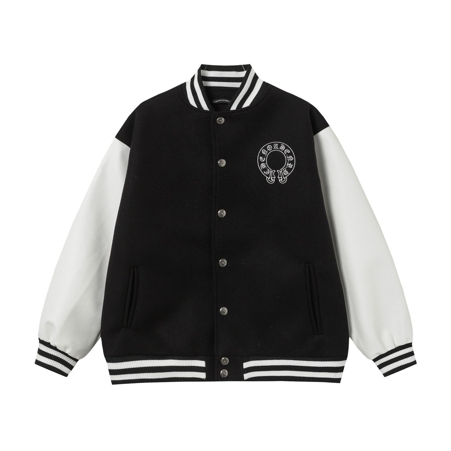 Chrome-Hearts Layered Cross Varsity Jacket - Black White Street Style Outerwear 2208